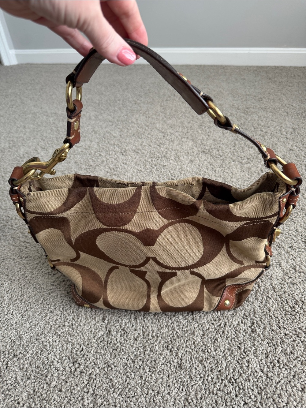 Coach Tan and Brown Signature Canvas Shoulder Bag with Leather Trim - Picture 2 of 8
